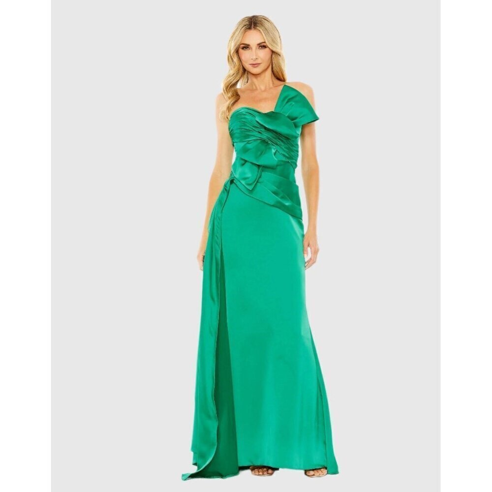 New Mac Duggal Size 10 Green Strapless Bow Front Detail Satin Formal Gown Dress
